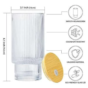 DoceMora 16oz Ribbed Glass cups with Bamboo Lids and Glass Straws Set of 4, Vintage Origami Style Clear Glassware, Reusable Drinking Glasses for Juice, Iced Coffee Beer and Cocktail