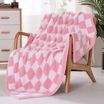 Panku Checkered Blanket, Ultra Soft Pink Checkered Throw Blanket, Warm Fluffy Checkerboard Blanket for Couch and Sofa (50x60 Inches, Pink and White)