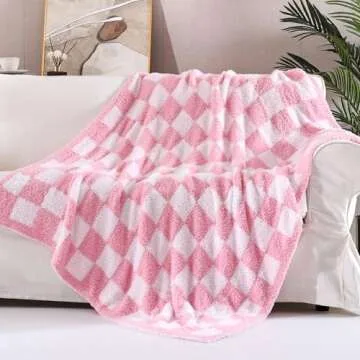 Panku Checkered Blanket, Ultra Soft Pink Checkered Throw Blanket, Warm Fluffy Checkerboard Blanket for Couch and Sofa (50x60 Inches, Pink and White)