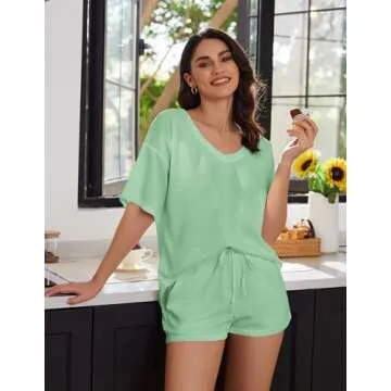 Ekouaer Womens 2 Piece Short Sleeve Waffle Knit V Neck Off Shoulder Casual Loose Fit Sweatsuit Outfits Light Green M