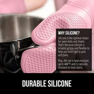 GORILLA GRIP BPA-Free Soft Silicone Oven Mitts and Potholder Set of 4, Heat Resistant Hot Pads, Thick Cotton Lined Cooking Mitt, Long Gloves Protect Hands, Kitchen Waterproof Trivet Mats, 12.5" Pink