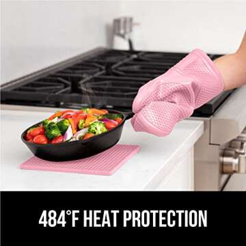 GORILLA GRIP BPA-Free Soft Silicone Oven Mitts and Potholder Set of 4, Heat Resistant Hot Pads, Thick Cotton Lined Cooking Mitt, Long Gloves Protect Hands, Kitchen Waterproof Trivet Mats, 12.5" Pink