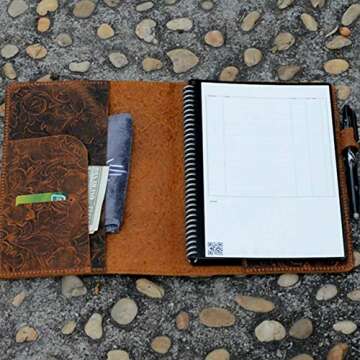 JJNUSA Compatible with Rocketbook Cover Smart Business Handmade Distressed Genuine Leather Notebook Cover for Everlast, Fusion, Wave Moleskin with Pen Loop A4 Letter 11" x 8.5" Flower