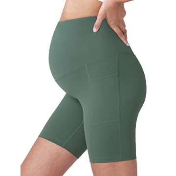POSHDIVAH Women's Maternity Yoga Shorts - Over The Belly Bump Workout Active Short Pants Crab Green ...