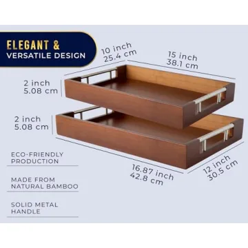 Set of 2 Bamboo Serving Trays with Silver Handles