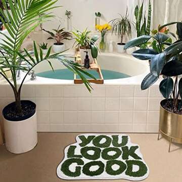 UNIBATH You Look Good Bath Mat Green Bathroom Rugs Funny Cute Bathroom Decor Preppy Small Cool Rug Non Slip Microfiber Washable Absorbent Shower Rug, 25”x21”…