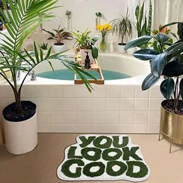 UNIBATH You Look Good Bath Mat Green Bathroom Rugs Funny Cute Bathroom Decor Preppy Small Cool Rug Non Slip Microfiber Washable Absorbent Shower Rug, 25”x21”…