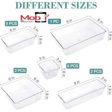 16 Pcs Drawer Organizer Set Dresser Desk Drawer Dividers - 5 Size Bathroom Vanity Cosmetic Makeup Trays - Multipurpose Clear Plastic Storage Bins for Jewelries, Kitchen Gadgets and Office Access