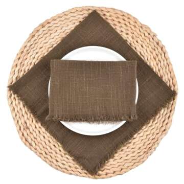 Dlpafzy Rustic Cloth Napkins 16.5x16.5 Inches Handmade Cotton Linen Napkins with Fringe Boho Washable Dinner Napkins in Bulk for Wedding Party Easter Spring Table Decor Set of 10 Coffee