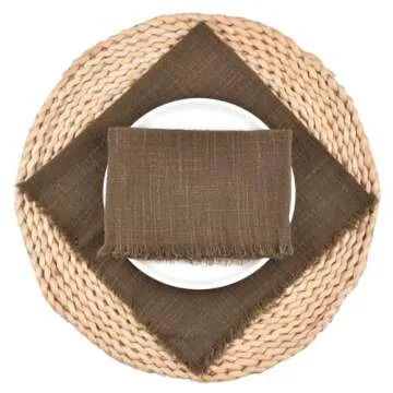 Dlpafzy Rustic Cloth Napkins 16.5x16.5 Inches Handmade Cotton Linen Napkins with Fringe Boho Washable Dinner Napkins in Bulk for Wedding Party Easter Spring Table Decor Set of 10 Coffee