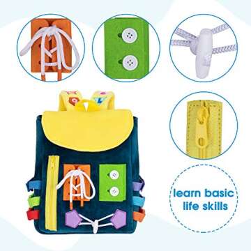 Busy Board - Toddler Backpack with Buckles and Learning Activity Toys - Develop Fine Motor Skills and Basic Life Skills - Learn to Tie Shoes - Children's Travel Toy
