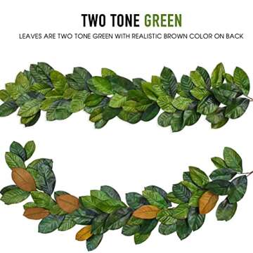 Vita Domi 6ft Magnolia Leaf Garland - 2 Tone Greeen Realistic Fall Garland for Mantle Decorations - Decorative Artificial Faux Magnolia Leaves for Christmas, Thanksgiving, Wedding Decor