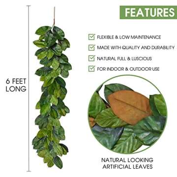 Vita Domi 6ft Magnolia Leaf Garland - 2 Tone Greeen Realistic Fall Garland for Mantle Decorations - Decorative Artificial Faux Magnolia Leaves for Christmas, Thanksgiving, Wedding Decor