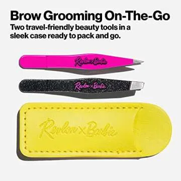 Revlon x Barbie Mini Tweezer Set, Stainless Steel Hair Removal Makeup Tool, includes Slant Tip & Pointed Tip Tweezers in Travel Case