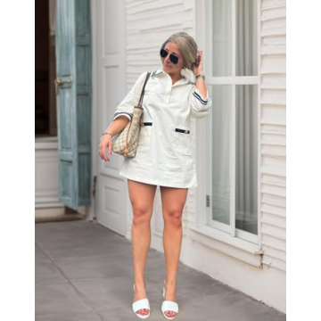 Kedera Women Sailor Shift Dress Short Sleeves Button V Neck Summer Tshirt Dress with Pockets White