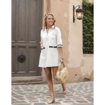 Kedera Women Sailor Shift Dress Short Sleeves Button V Neck Summer Tshirt Dress with Pockets White