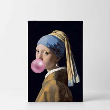 Smile Art Design Johannes Vermeer's Masterpiece Girl with a Pearl Earring Pink Bubble Gum Art Canvas...