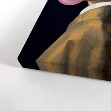 Smile Art Design Johannes Vermeer's Masterpiece Girl with a Pearl Earring Pink Bubble Gum Art Canvas Print Famous Painting Wall Art Classic Art Home Decor Stretched Ready to Hang Made in USA 12x8