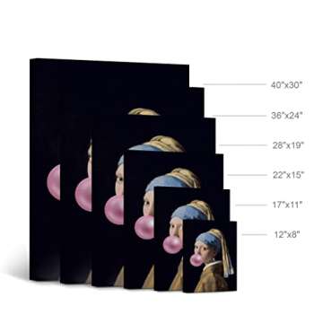 Smile Art Design Johannes Vermeer's Masterpiece Girl with a Pearl Earring Pink Bubble Gum Art Canvas Print Famous Painting Wall Art Classic Art Home Decor Stretched Ready to Hang Made in USA 12x8