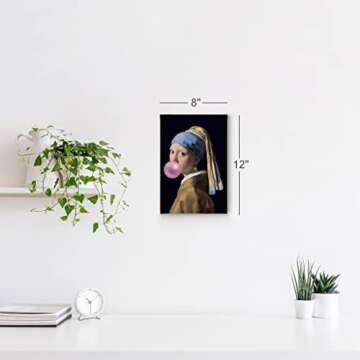 Smile Art Design Johannes Vermeer's Masterpiece Girl with a Pearl Earring Pink Bubble Gum Art Canvas Print Famous Painting Wall Art Classic Art Home Decor Stretched Ready to Hang Made in USA 12x8