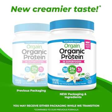 Orgain Organic Vegan Protein + 50 Superfoods Powder, Vanilla Bean - 21g Plant Based Protein, 8g Prebiotic Fiber, No Lactose Ingredients, Gluten Free, No Added Sugar, 1.12 lb (Packaging May Vary)