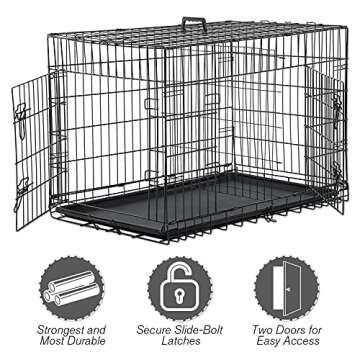 HCY, Dog Crate, Dog Kennel 48 Inch Double Door Metal Crate Foldable Puppy Supplies Cage with Divider Panel, Handle, Plastic Tray for Pet Animals Outdoor Indoor (48 Inch) ,Black, 48In