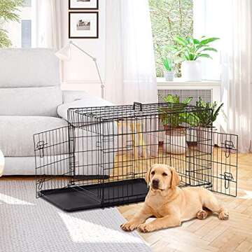HCY, Dog Crate, Dog Kennel 48 Inch Double Door Metal Crate Foldable Puppy Supplies Cage with Divider Panel, Handle, Plastic Tray for Pet Animals Outdoor Indoor (48 Inch) ,Black, 48In