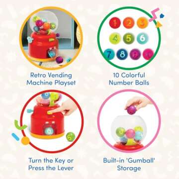 Battat – Bubble Dispenser For Kids – Mini Vending Machine Toy – 10 Colorful Number Balls – Numbers & Colors Gumball Machine - Toddlers – 12 Months + – Numbers & Colours Gumball Machine