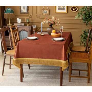 Luxury Burnt Orange Velvet Tablecloth with Gold Tassels