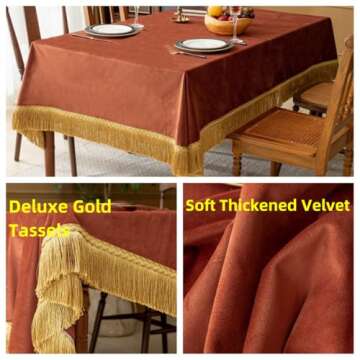 Luxury Burnt Orange Velvet Tablecloth with Gold Tassels