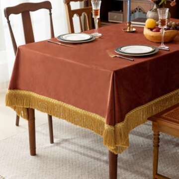Luxury Burnt Orange Velvet Tablecloth with Gold Tassels