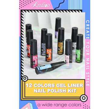 Kredioo Gel Nail Polish Liner Nail Art 12 Colors Halloween Nails UV Lamp Soak-off Polishes Pigmented with Thin Brush Beginners Manicure DIY At Home Salon Quality