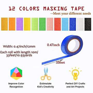 Zo.Yehaa Colored Masking Tape, 12 Colors Rolls Painters Tape Art Craft DIY Tape, Decorative Paper Ta...
