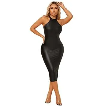SweatyRocks Women's Sleeveless Halter PU Leather Cut Out Dress Bodycon Midi Party Dress Black S