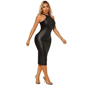 SweatyRocks Women's Sleeveless Halter PU Leather Cut Out Dress Bodycon Midi Party Dress Black S