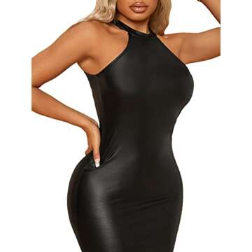 SweatyRocks Women's Sleeveless Halter PU Leather Cut Out Dress Bodycon Midi Party Dress Black S