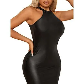 SweatyRocks Women's Sleeveless Halter PU Leather Cut Out Dress Bodycon Midi Party Dress Black S