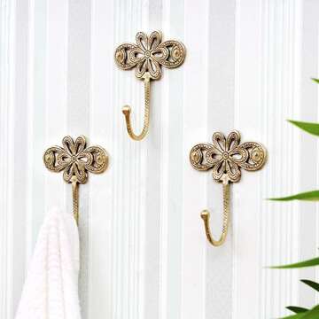 Indian Shelf 3 Pieces Key Holder Flower Vintage Brass Decorative Wall Hooks for Hanging Unique Coat ...