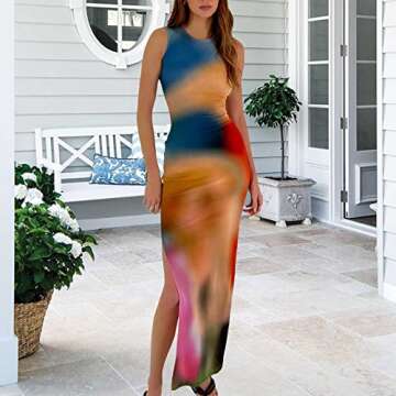 Women's Casual Tie-Dye Bodycon Maxi Dress Sleeveless Tank Wrap Split Beach Party Long Dresses (Navy Blue,M)
