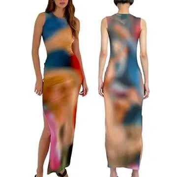 Women's Casual Tie-Dye Bodycon Maxi Dress Sleeveless Tank Wrap Split Beach Party Long Dresses (Navy Blue,M)