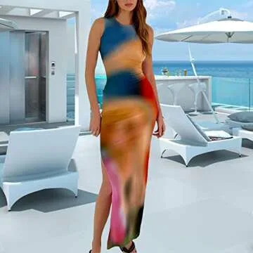 Women's Casual Tie-Dye Bodycon Maxi Dress Sleeveless Tank Wrap Split Beach Party Long Dresses (Navy Blue,M)