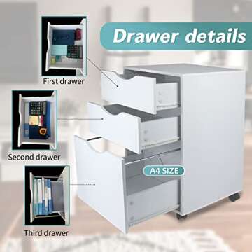 QDSSDECO 3-Drawer Wood File Cabinet Mobile Lateral Filing Cabinets, with Rolling Wheels, Vertical A4 Paper Letter Binder for Home Office, White