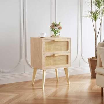 YAUKOMEL Rattan Nightstand,Bedside Table,Boho Furniture,End Table,Side Table with 2 Hand Made Rattan...
