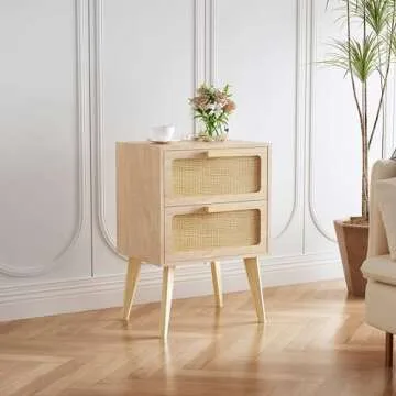 YAUKOMEL Rattan Nightstand,Bedside Table,Boho Furniture,End Table,Side Table with 2 Hand Made Rattan...
