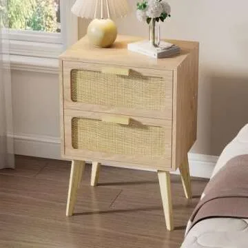 YAUKOMEL Rattan Nightstand,Bedside Table,Boho Furniture,End Table,Side Table with 2 Hand Made Rattan Decorated Drawers,Wood Accent Table with Storage,Livingroom,Bedroom,Natural 11.8"x16"x22.4" CTG59Y