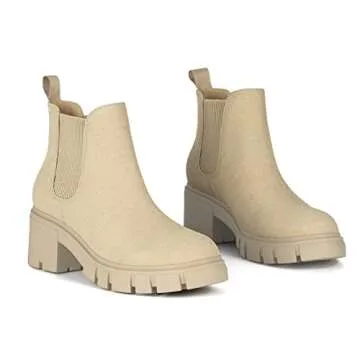 Athlefit Women's Chelsea Boots Fashion Lug Sole Chunky Heel Slip on Elastic Ankle Tan Booties Size 6