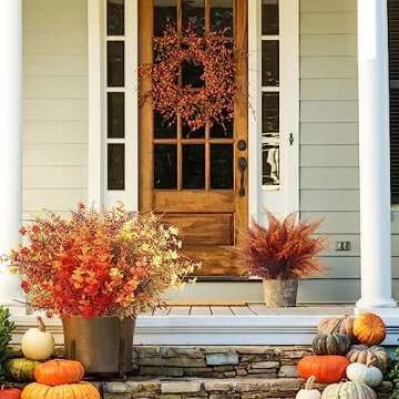24 Bundles Artificial Fall Flowers for Outdoor Decoration UV Resistant Fake Plastic Plants Faux Boston Fern for Autumn Indoor Outdoor Garden Patio Fireplace Window Box Kitchen Home Decor