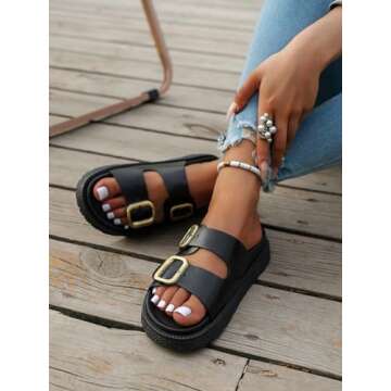 OYOANGLE Women's Adjustable Double Buckle Open Toe Footbed Sandals Comfortable Outdoor Platform Sandals Black 7