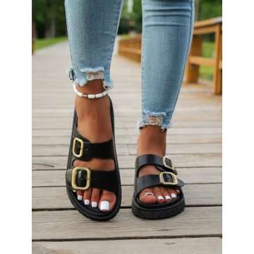OYOANGLE Women's Adjustable Double Buckle Open Toe Footbed Sandals Comfortable Outdoor Platform Sandals Black 7