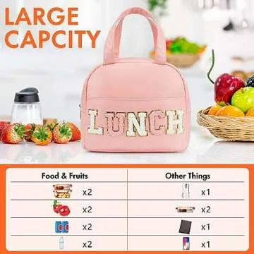 DIRGEE Lunch Bag for Women - Pink, Leather, Unisex, Meal Holder, Waterproof, Insulated, Reusable, Portable, 9.4L Capacity, Cute Chenille Letters Design